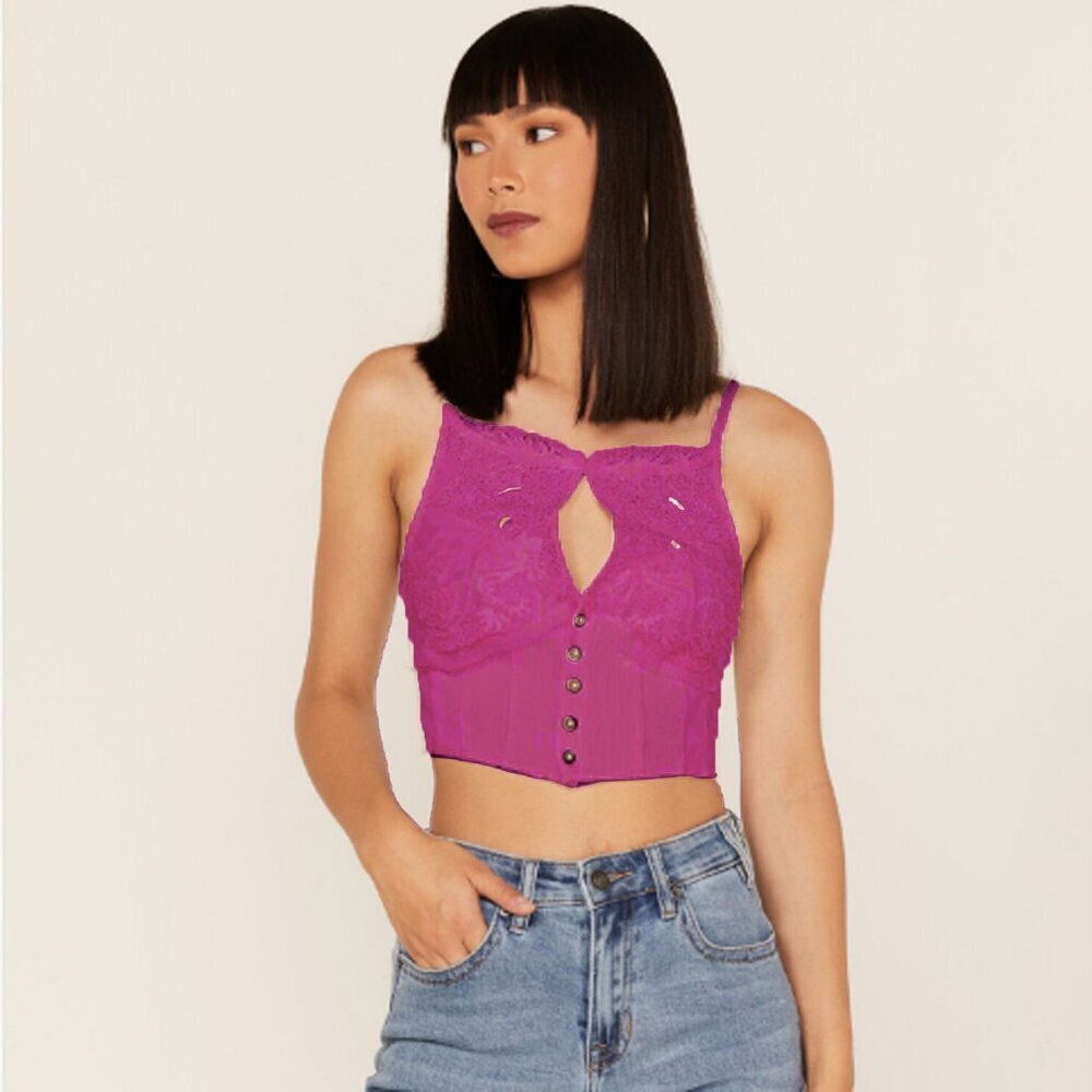 Free People Have My Heart Lace Tank Cotton Crop Top Pink Purple Buttons Summer - Picture 9 of 10